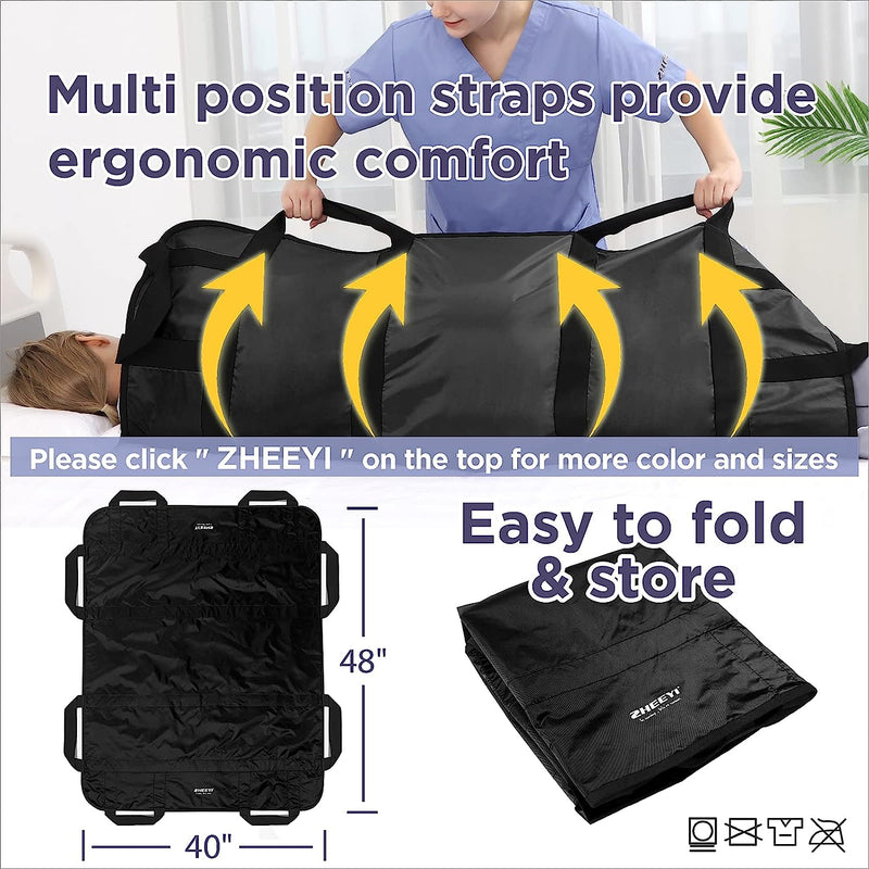 Bed Transfer Boards 48" x 40" Positioning Bed Pad with Reinforced Handles for Turning, Lifting & Repositioning Black