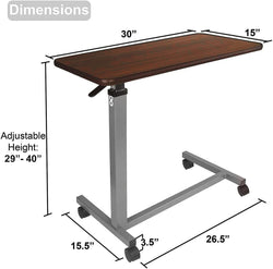 Medical Overbed Tables Adjustable Overbed Bedside Table With Wheels (Hospital and Home Use), Walnut Brown