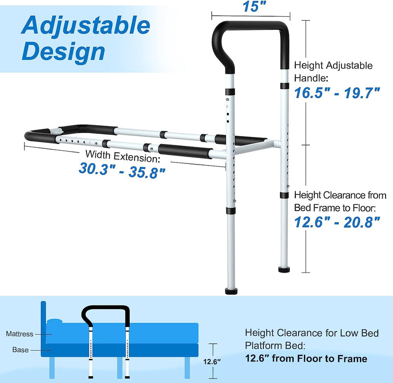 Bed Rails for Elderly Adults Safety - Adjustable Bed Cane with Non-Slip Ergonomic Handle and Storage Pocket Tool-Free Assembly
