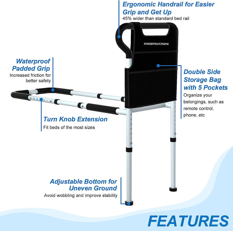 Bed Rails for Elderly Adults Safety - Adjustable Bed Cane with Non-Slip Ergonomic Handle and Storage Pocket Tool-Free Assembly
