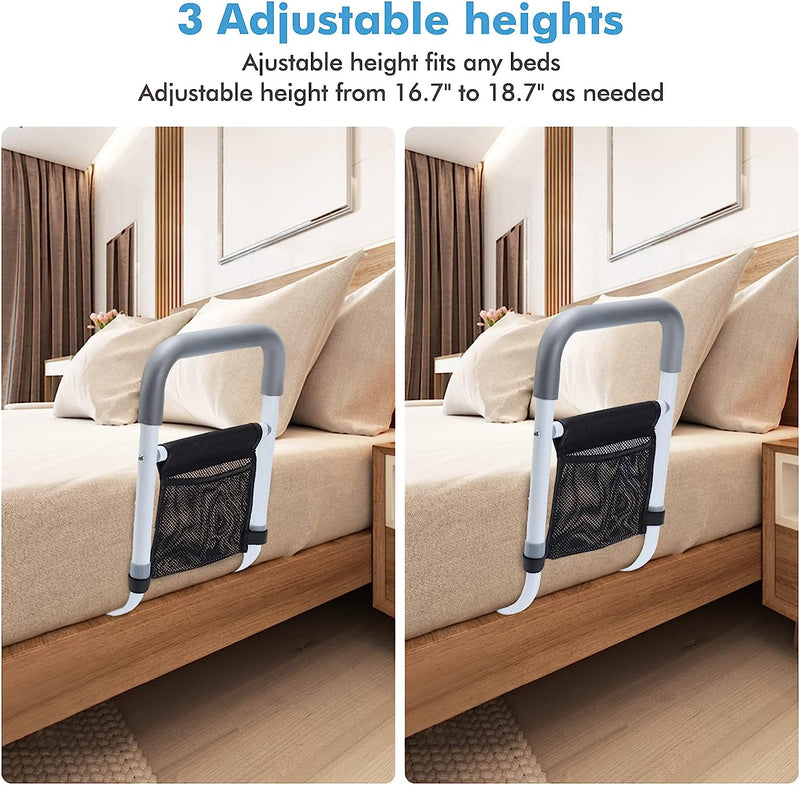 Bed Rails for Elderly Adults Safety Height Adjustable Bed Assist Rail for Seniors Bedside Fall Prevent Grab Bar with Storage Pocket Fits King Queen Full Twin Bed