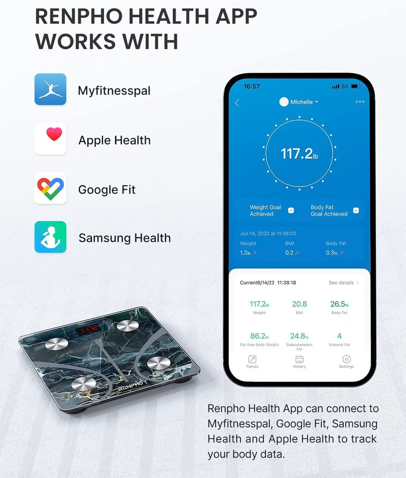 Scale for Body Weight, Smart Fat Digital Bathroom Wireless Weight Scale, Composition Analyzer with Smartphone App sync Bluetooth, 396lbs -11" Elis 1 Marble