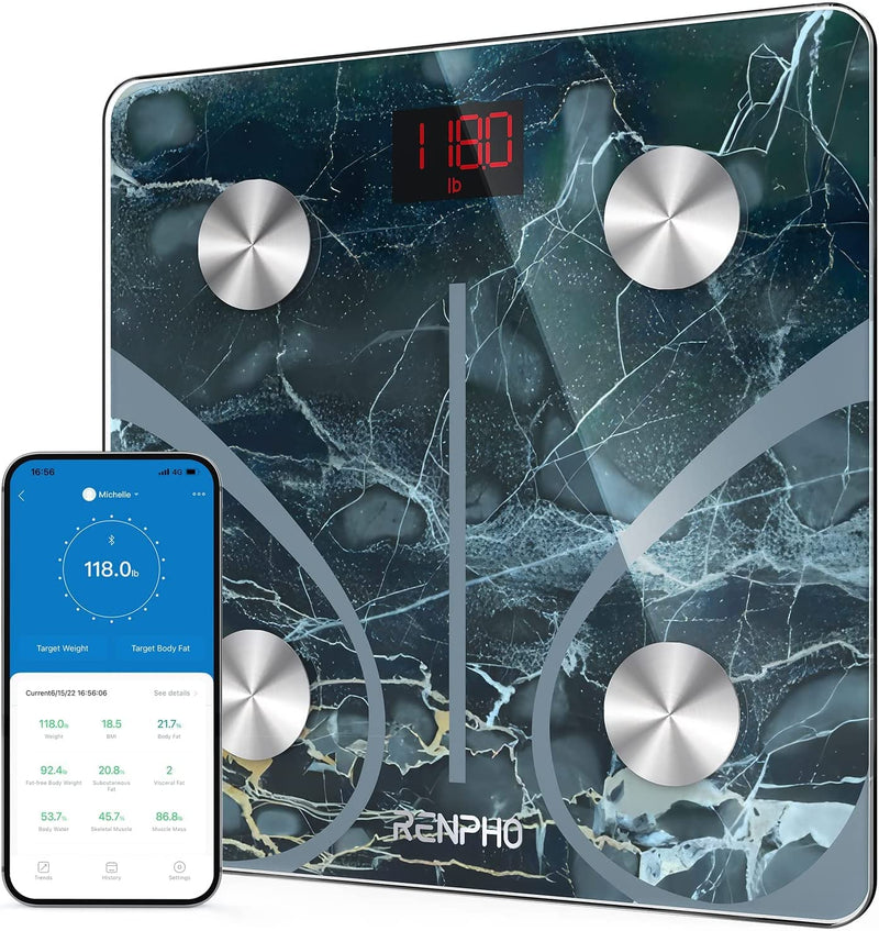 Scale for Body Weight, Smart Fat Digital Bathroom Wireless Weight Scale, Composition Analyzer with Smartphone App sync Bluetooth, 396lbs -11" Elis 1 Marble