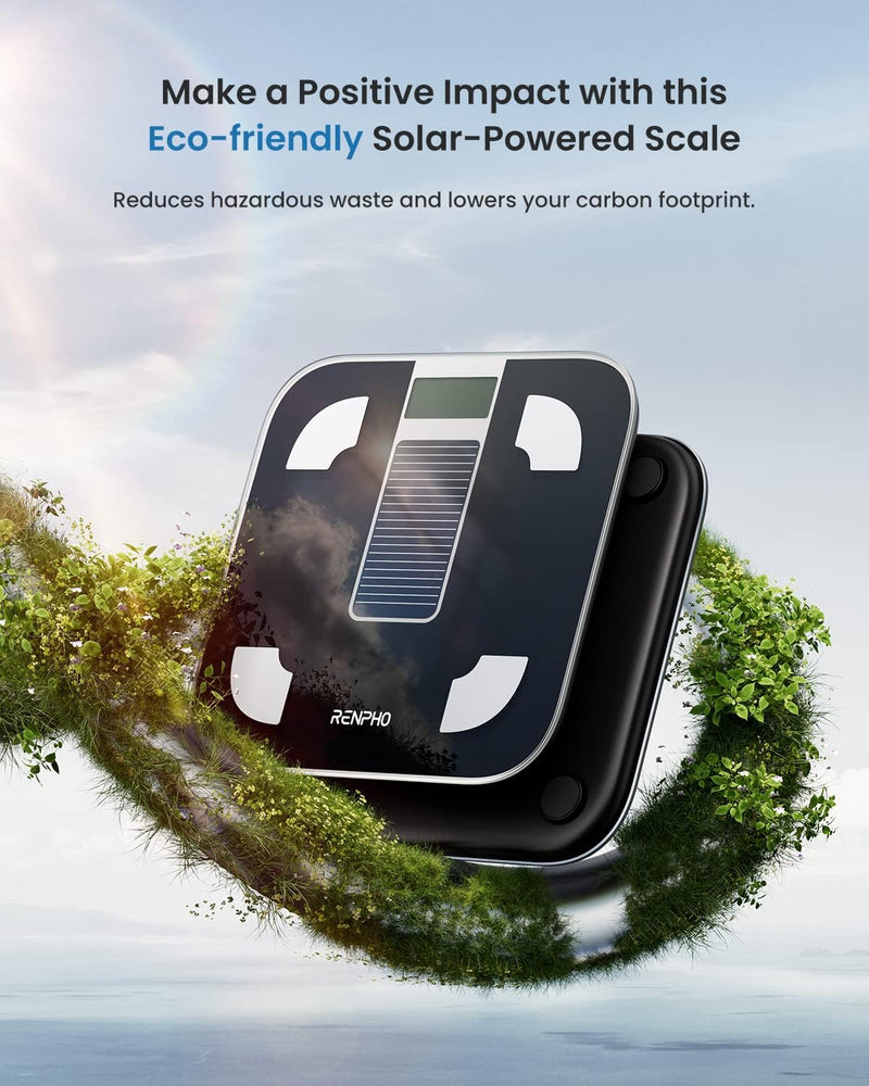 Scale for Body Weight and Fat Percentage, No Battery Replacement Solar Power Digital Bathroom Smart Scale Bluetooth Body Fat Scale, Body Composition Monitor with App 400lbs 11"/280mm Solar Power-Black Elis 1