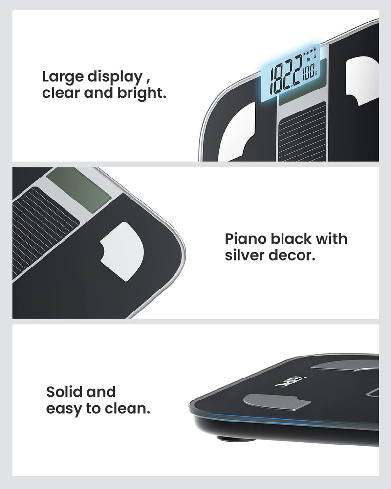 Scale for Body Weight and Fat Percentage, No Battery Replacement Solar Power Digital Bathroom Smart Scale Bluetooth Body Fat Scale, Body Composition Monitor with App 400lbs 11"/280mm Solar Power-Black Elis 1