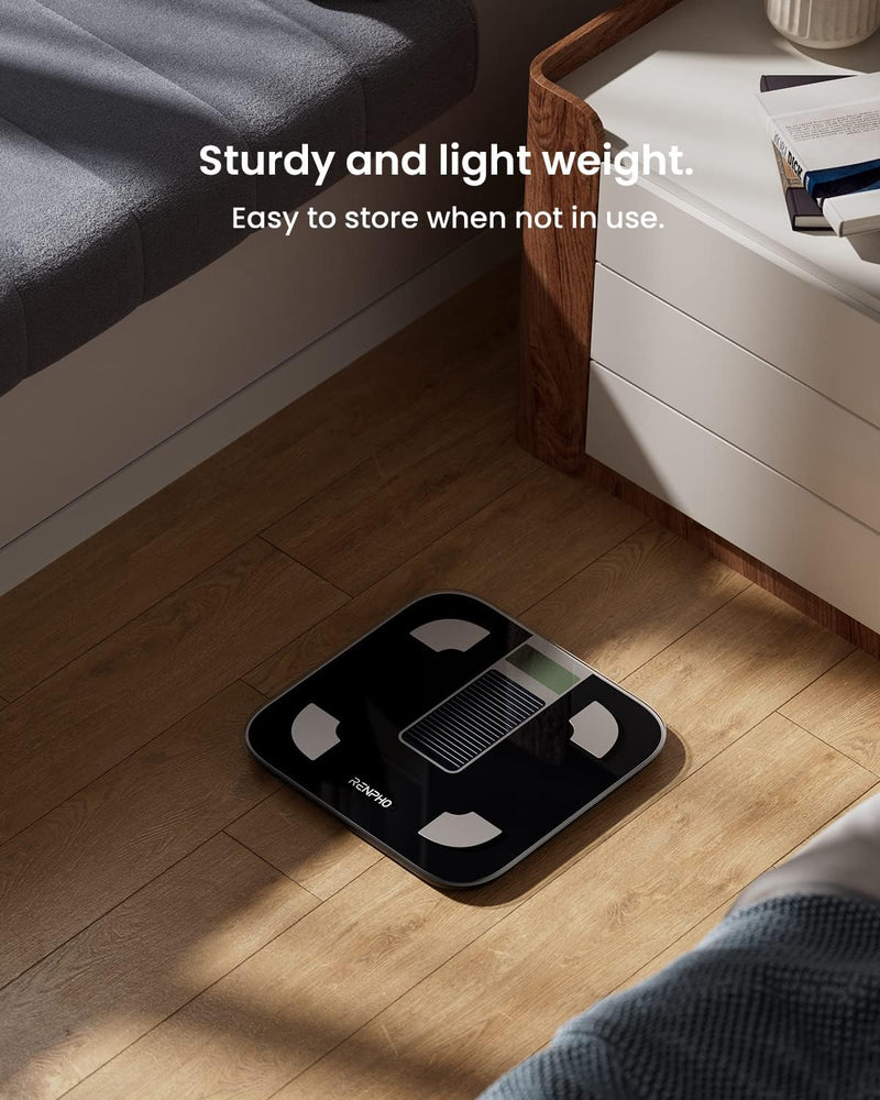 Scale for Body Weight and Fat Percentage, No Battery Replacement Solar Power Digital Bathroom Smart Scale Bluetooth Body Fat Scale, Body Composition Monitor with App 400lbs 11"/280mm Solar Power-Black Elis 1