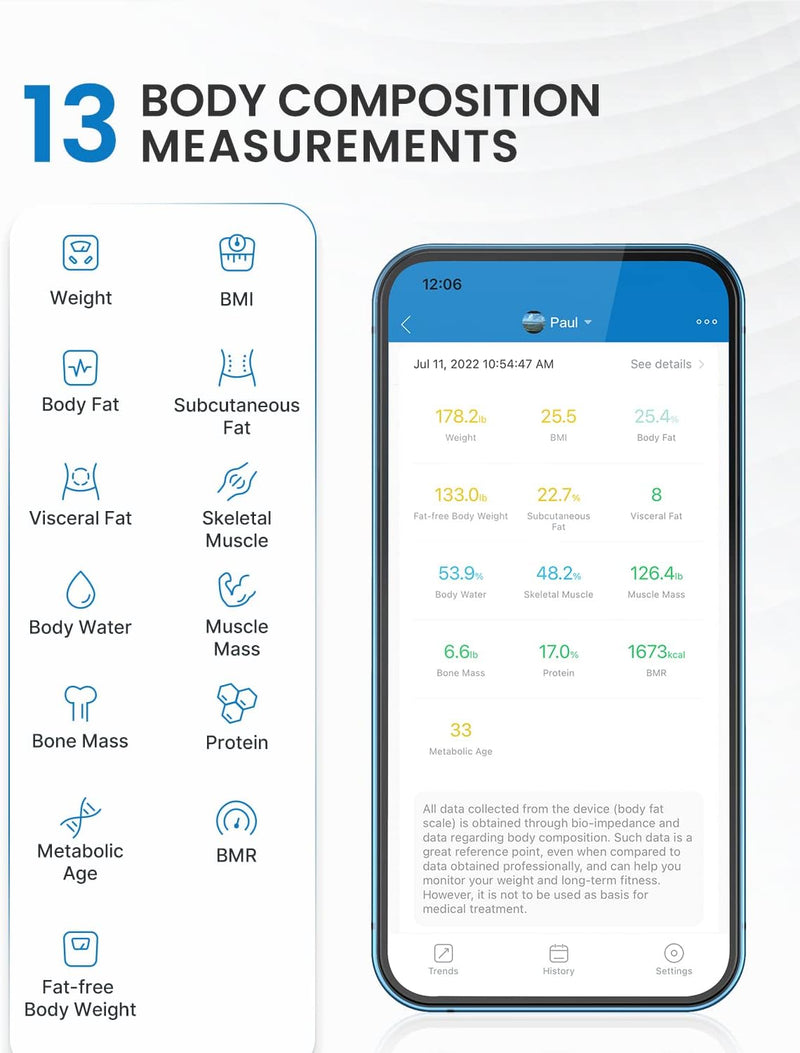 Scale for Body Weight and Fat Percentage, No Battery Replacement Solar Power Digital Bathroom Smart Scale Bluetooth Body Fat Scale, Body Composition Monitor with App 400lbs 11"/280mm Solar Power-Black Elis 1