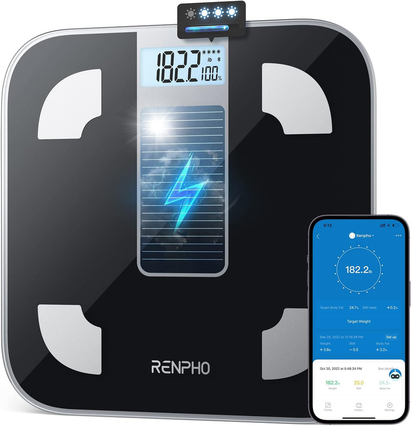 Scale for Body Weight and Fat Percentage, No Battery Replacement Solar Power Digital Bathroom Smart Scale Bluetooth Body Fat Scale, Body Composition Monitor with App 400lbs 11"/280mm Solar Power-Black Elis 1