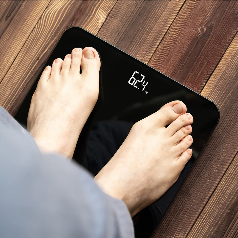 Bathroom Scale, Digital Weighing Scale with High Precision Sensors and Tempered Glass, Ultra Slim, Step-on Technology, Shine-Through Display - 15Yr Guarantee Black