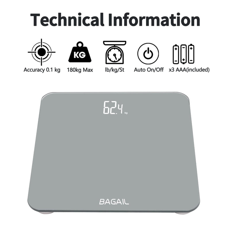 Bathroom Scale, Digital Weighing Scale with High Precision Sensors and Tempered Glass, Ultra Slim, Step-on Technology, Shine-Through Display - 15Yr Guarantee Grey