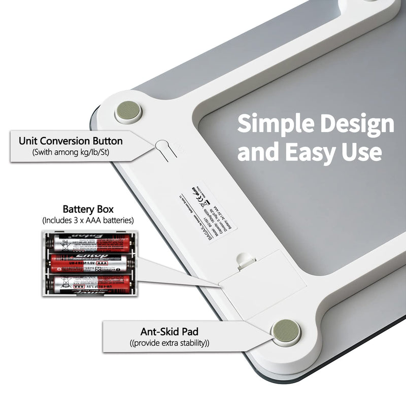 Bathroom Scale, Digital Weighing Scale with High Precision Sensors and Tempered Glass, Ultra Slim, Step-on Technology, Shine-Through Display - 15Yr Guarantee Grey
