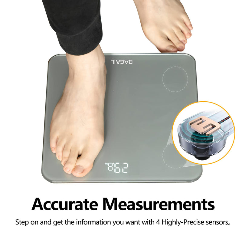Bathroom Scale, Digital Weighing Scale with High Precision Sensors and Tempered Glass, Ultra Slim, Step-on Technology, Shine-Through Display - 15Yr Guarantee Grey