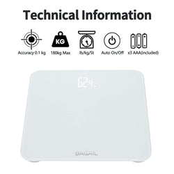 Bathroom Scale, Digital Weighing Scale with High Precision Sensors and Tempered Glass, Ultra Slim, Step-on Technology, Shine-Through Display - 15Yr Guarantee White