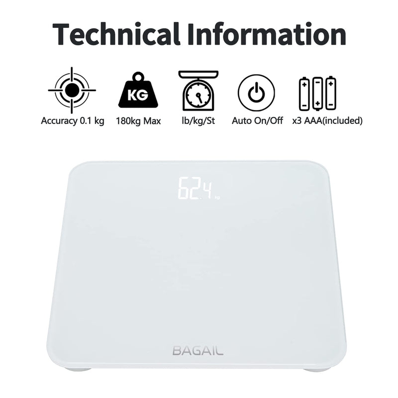 Bathroom Scale, Digital Weighing Scale with High Precision Sensors and Tempered Glass, Ultra Slim, Step-on Technology, Shine-Through Display - 15Yr Guarantee White