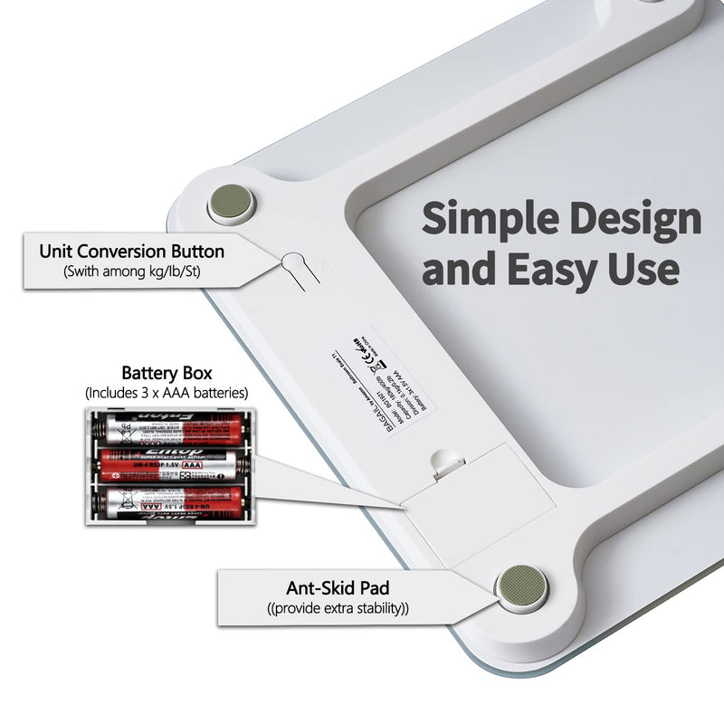 Bathroom Scale, Digital Weighing Scale with High Precision Sensors and Tempered Glass, Ultra Slim, Step-on Technology, Shine-Through Display - 15Yr Guarantee White