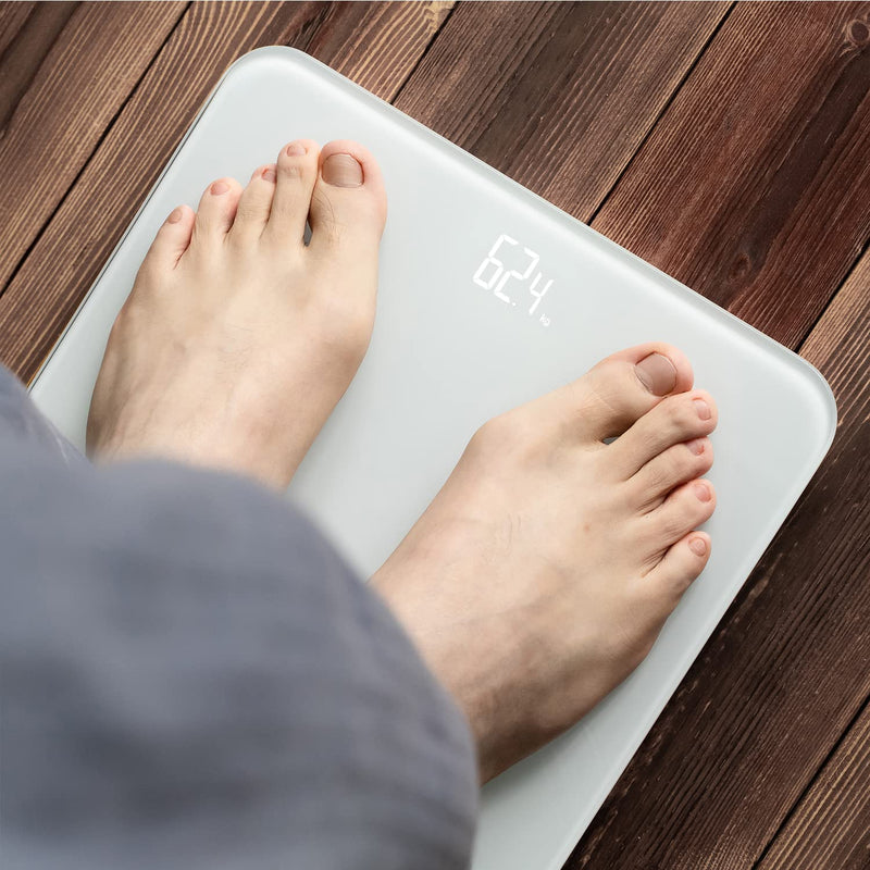 Bathroom Scale, Digital Weighing Scale with High Precision Sensors and Tempered Glass, Ultra Slim, Step-on Technology, Shine-Through Display - 15Yr Guarantee White