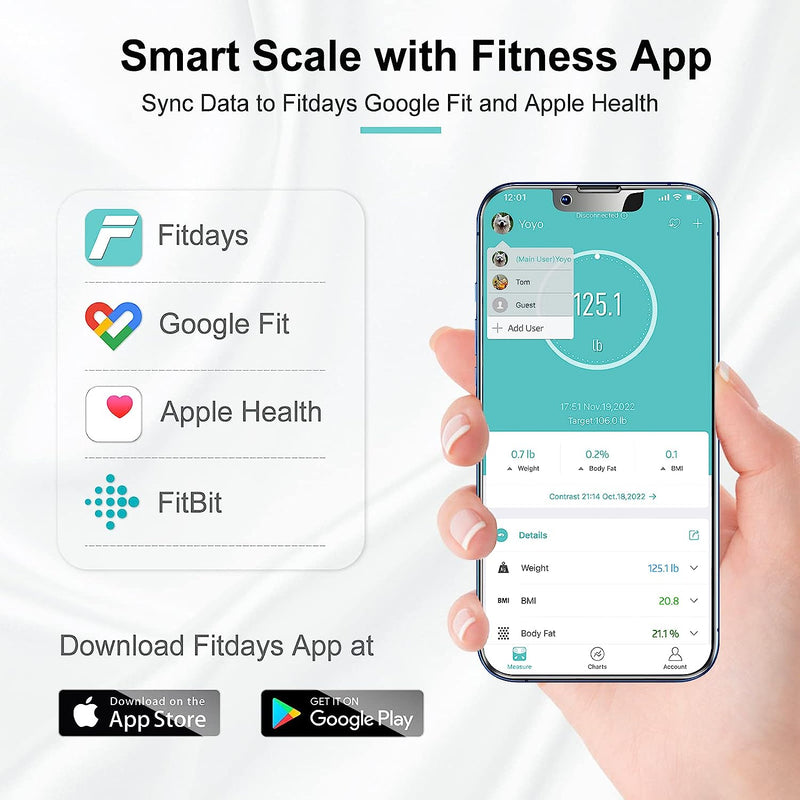 Smart Scale for Body Weight, Digital Bathroom Scale for BMI Weighing Body Fat, Body Composition Monitor Health Analyzer with Smartphone App, 400lbs/180KG - White