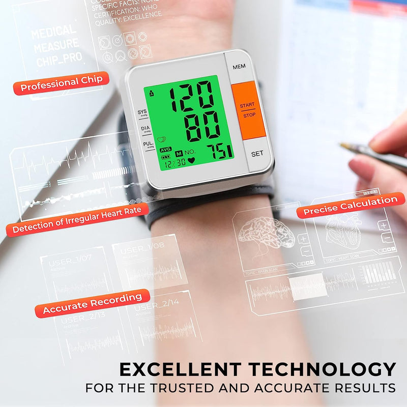 Blood Pressure Monitors for Home Use Accurate Wrist Blood Pressure Machine Adjustable 5.3"-7.7" BP Cuff for Home Use 2x120 Sets Memory Backlight LCD Display with Carrying Case