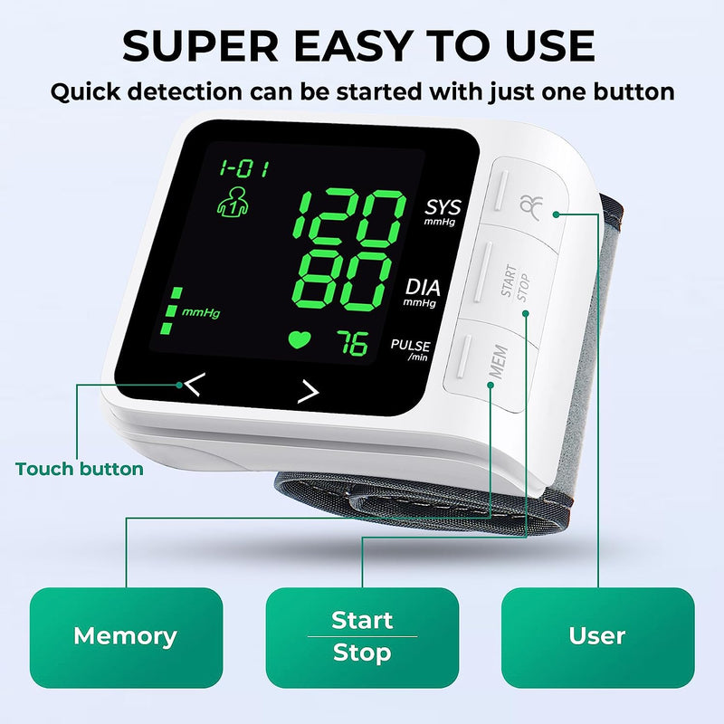 Wrist Blood Pressure Monitor, Home Use Digital Automatic BP Cuff with Large Backlight Display 2x99 Memory 5.31"-7.68" Adjustable Cuff Blood Pressure Machine Storage Bag