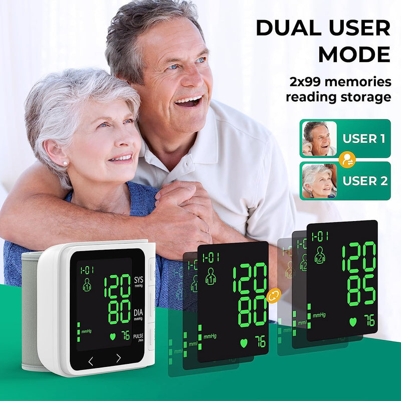 Wrist Blood Pressure Monitor, Home Use Digital Automatic BP Cuff with Large Backlight Display 2x99 Memory 5.31"-7.68" Adjustable Cuff Blood Pressure Machine Storage Bag