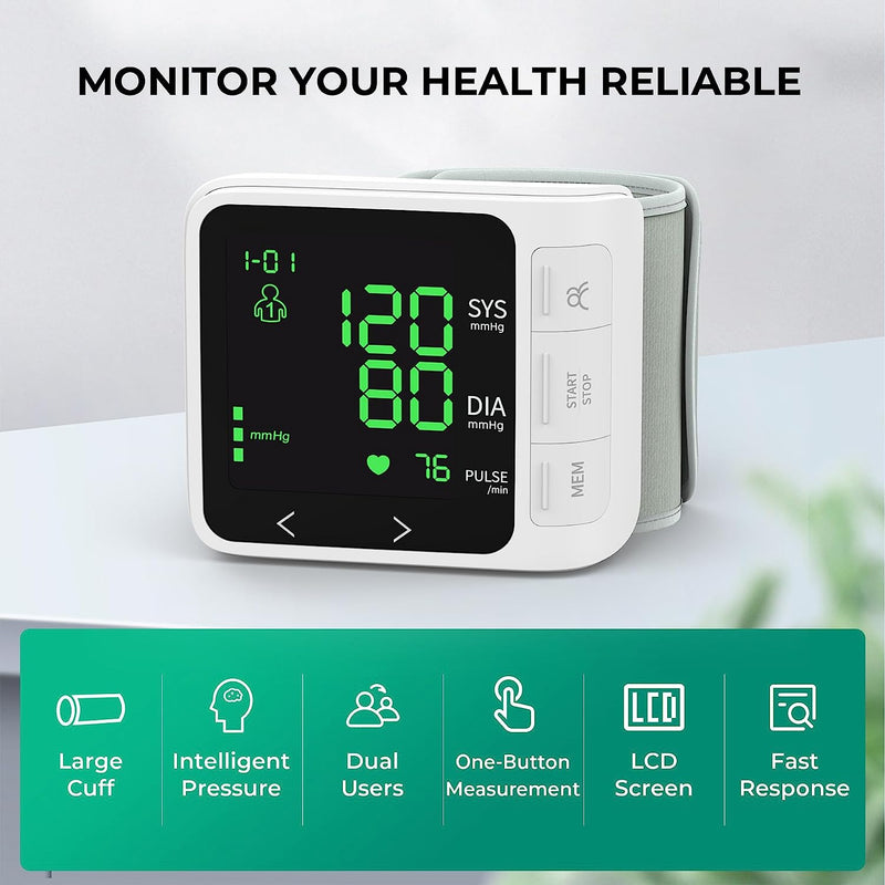 Wrist Blood Pressure Monitor, Home Use Digital Automatic BP Cuff with Large Backlight Display 2x99 Memory 5.31"-7.68" Adjustable Cuff Blood Pressure Machine Storage Bag