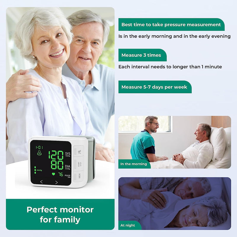 Wrist Blood Pressure Monitor, Home Use Digital Automatic BP Cuff with Large Backlight Display 2x99 Memory 5.31"-7.68" Adjustable Cuff Blood Pressure Machine Storage Bag
