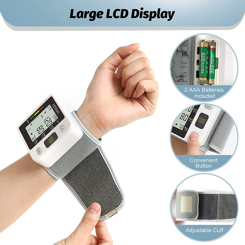 Wrist Accurate Automatic High Blood Pressure Monitors Portable LCD Screen Irregular Heartbeat Monitor with Storage Case and Adjustable Cuff Powered by Battery - Black
