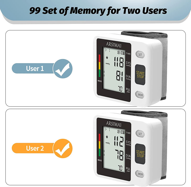 Wrist Accurate Automatic High Blood Pressure Monitors Portable LCD Screen Irregular Heartbeat Monitor with Storage Case and Adjustable Cuff Powered by Battery - Black
