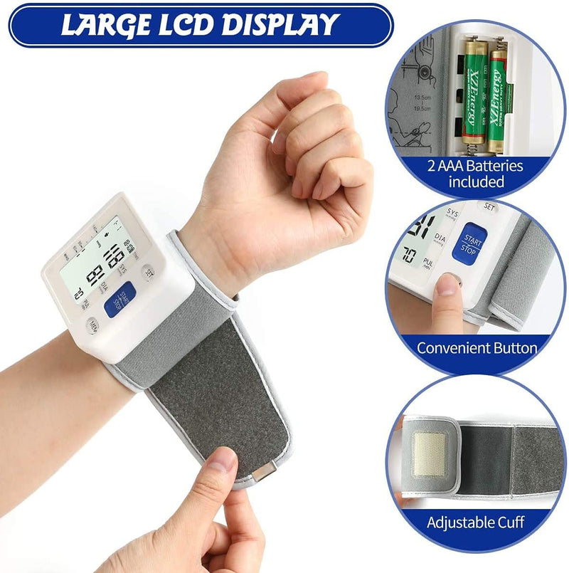 Blood Pressure Monitor - Wrist Accurate Automatic High Blood Pressure Monitors Portable LCD Screen Irregular Heartbeat Monitor with Storage Case and Adjustable Cuff Powered by Battery - White