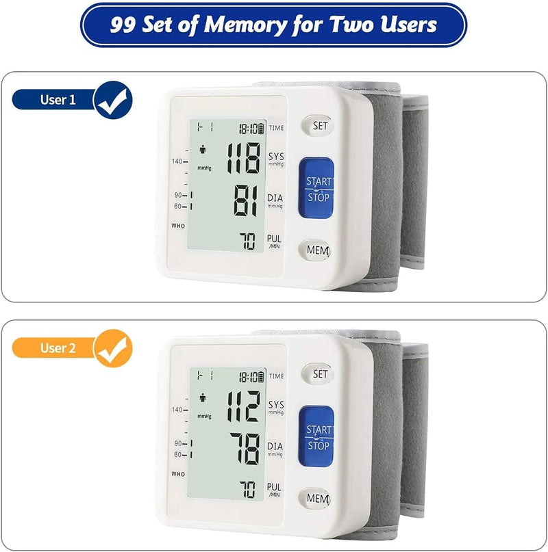 Blood Pressure Monitor - Wrist Accurate Automatic High Blood Pressure Monitors Portable LCD Screen Irregular Heartbeat Monitor with Storage Case and Adjustable Cuff Powered by Battery - White