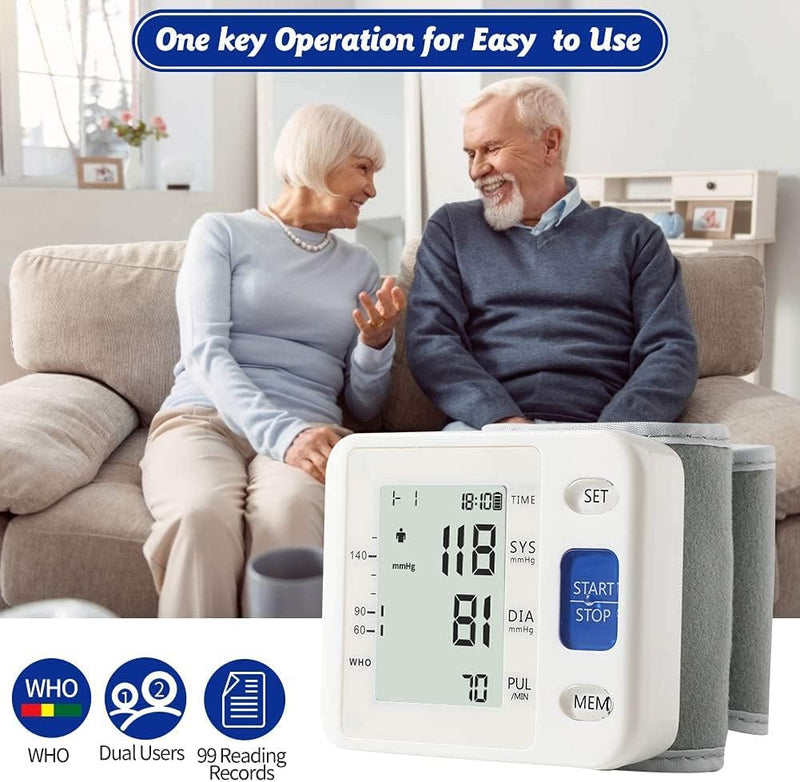 Blood Pressure Monitor - Wrist Accurate Automatic High Blood Pressure Monitors Portable LCD Screen Irregular Heartbeat Monitor with Storage Case and Adjustable Cuff Powered by Battery - White