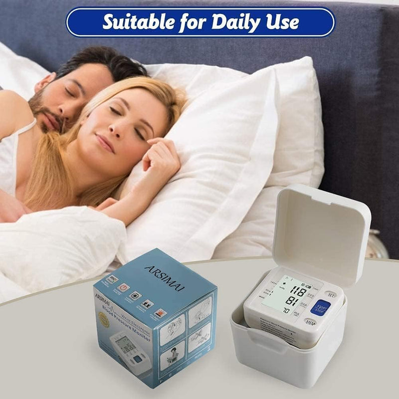 Blood Pressure Monitor - Wrist Accurate Automatic High Blood Pressure Monitors Portable LCD Screen Irregular Heartbeat Monitor with Storage Case and Adjustable Cuff Powered by Battery - White