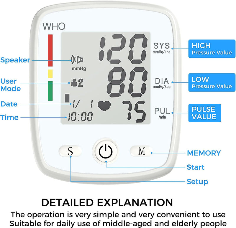Blood Pressure Monitor Automatic Blood Pressure Monitors for Home Use Wrist BP Monitor Cuff Digital Large Display 2X99 Group Machine with Carrying Case, White