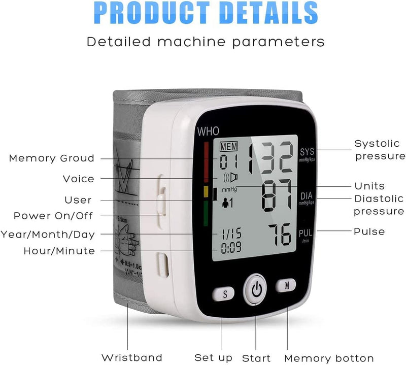 Blood Pressure Monitor, Wrist Blood Pressure Cuff Monitor with USB Charging, Automatic Digital BP Machine,Voice Broadcast, Large Display Screen