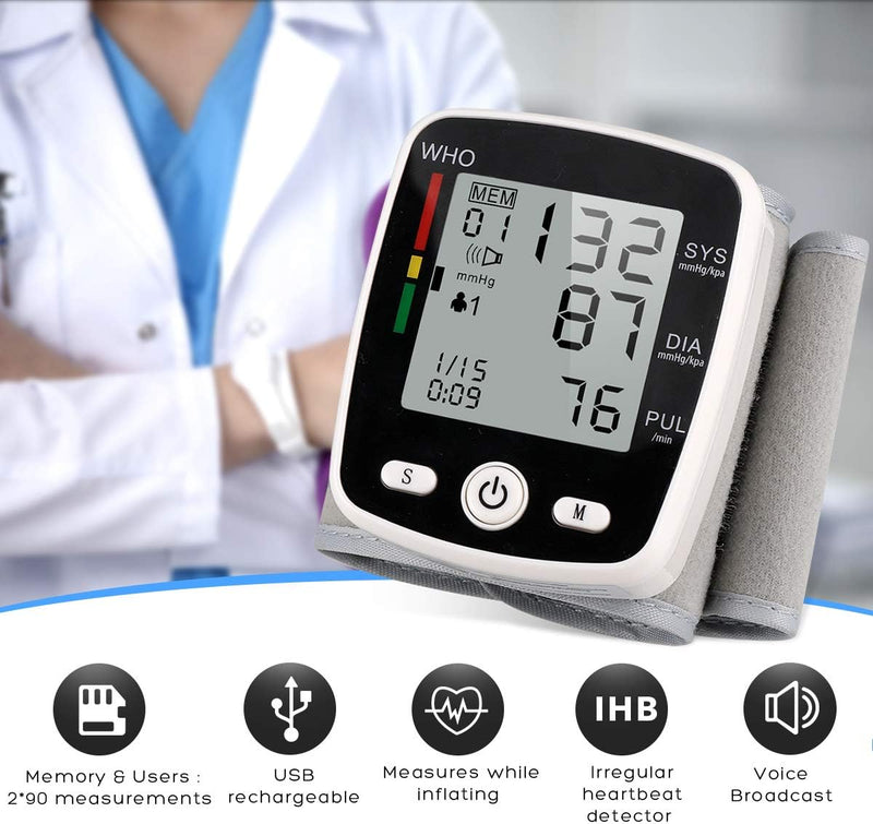 Blood Pressure Monitor, Wrist Blood Pressure Cuff Monitor with USB Charging, Automatic Digital BP Machine,Voice Broadcast, Large Display Screen