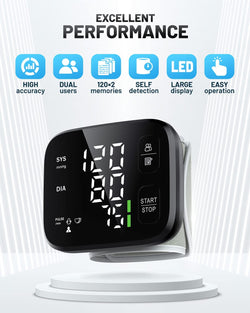 Blood Pressure Monitor LED Backlit Display Automatic Wrist Cuff Blood Pressure Machine 120x2 Reading Memory Bp Monitor with Carrying Case, Black