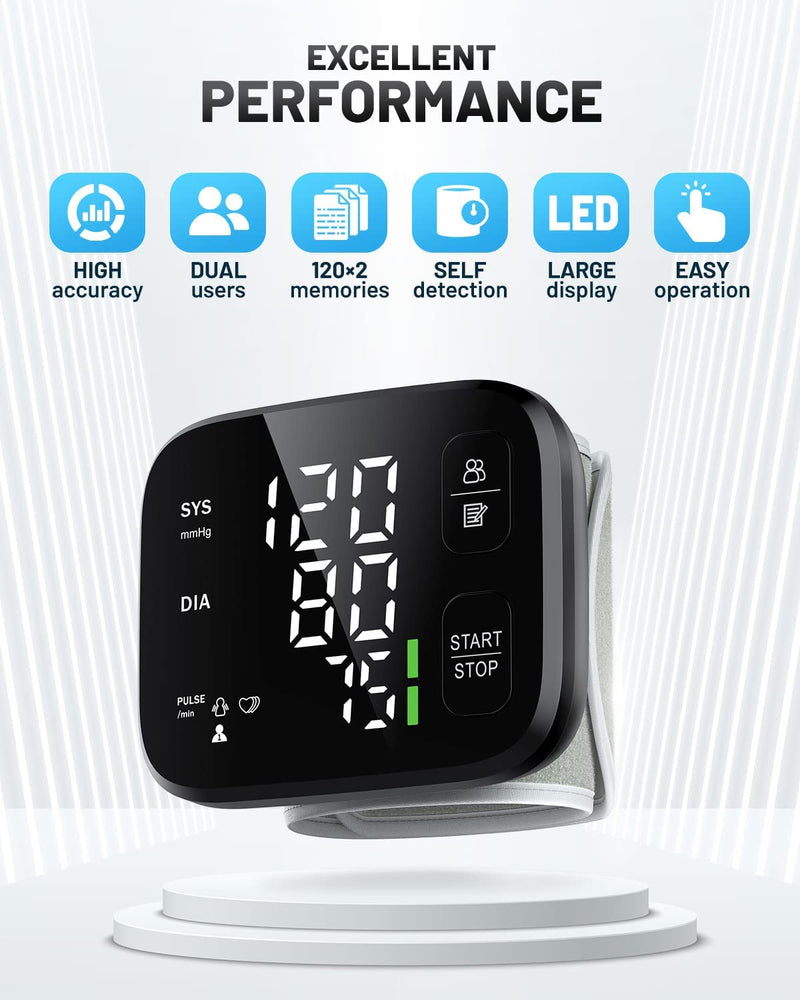 Blood Pressure Monitor LED Backlit Display Automatic Wrist Cuff Blood Pressure Machine 120x2 Reading Memory Bp Monitor with Carrying Case, Black