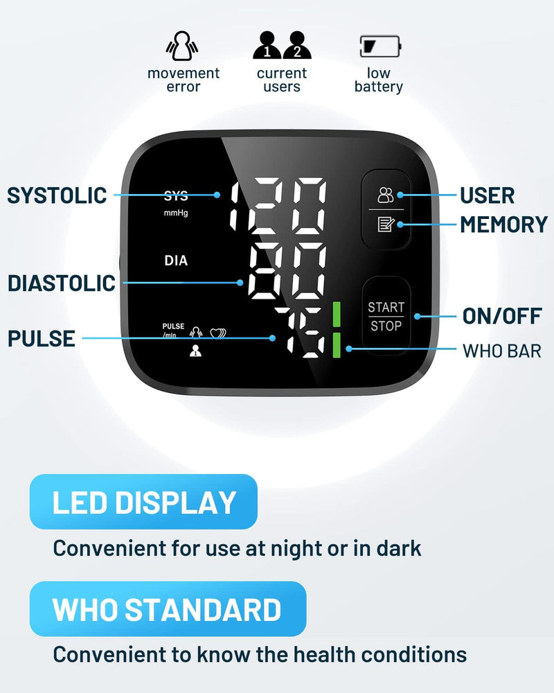 Blood Pressure Monitor LED Backlit Display Automatic Wrist Cuff Blood Pressure Machine 120x2 Reading Memory Bp Monitor with Carrying Case, Black