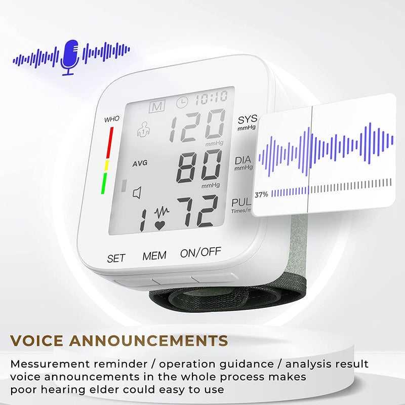 Blood Pressure Monitor Wrist Blood Pressure Cuff Digital BP Machine 2x99 Readings Voice Broadcast Blood Pressure Detector with Carrying Case for Home Use