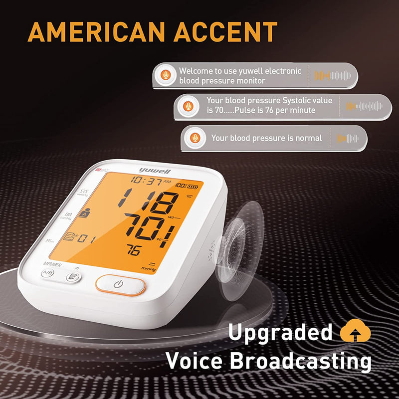 Blood Pressure Machine, yuwell Blood Pressure Monitors for Home Use with Speaker, Automatic Digital BP Cuff with Large Cuff 17.7 inch, Largest Backlit Display, AC Adapter, 2-Users, 198 Recordings
