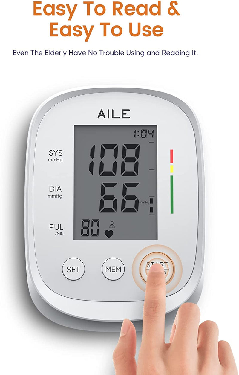 Blood Pressure Monitor,AILE Blood Pressure Machine Upper Arm Large Cuff(8.7"-16.5"Adjustable),Automatic high Blood Pressure Cuff for Home use (White)