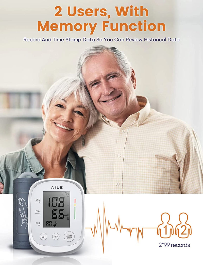 Blood Pressure Monitor,AILE Blood Pressure Machine Upper Arm Large Cuff(8.7"-16.5"Adjustable),Automatic high Blood Pressure Cuff for Home use (White)