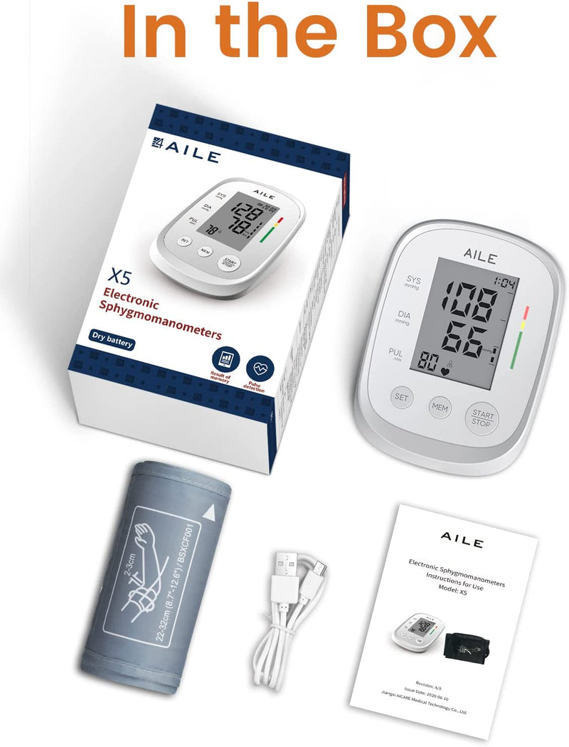 Blood Pressure Monitor,AILE Blood Pressure Machine Upper Arm Large Cuff(8.7"-16.5"Adjustable),Automatic high Blood Pressure Cuff for Home use (White)