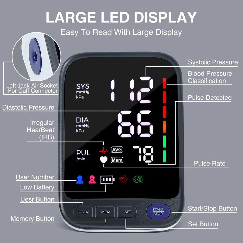 Blood Pressure Machine, Automatic Digital Upper Arm Blood Pressure Monitor with Adjustable Large Cuff, Irregular Heartbeat & Hypertension Detector