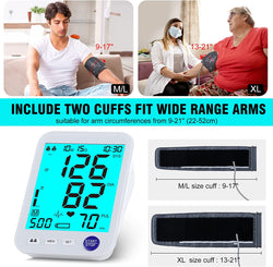 Blood Pressure Monitor-Automatic Blood Pressure Machine XL Cuff for Big Arms 13-21”-Medium/Large Cuff 9"-17"Extra Large Backlit LCD Heart Rate Detection Two User 1000 Mem Blue