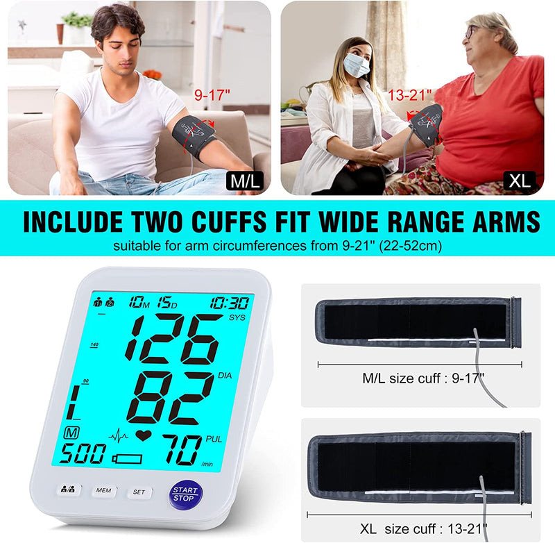 Blood Pressure Monitor-Automatic Blood Pressure Machine XL Cuff for Big Arms 13-21”-Medium/Large Cuff 9"-17"Extra Large Backlit LCD Heart Rate Detection Two User 1000 Mem Blue