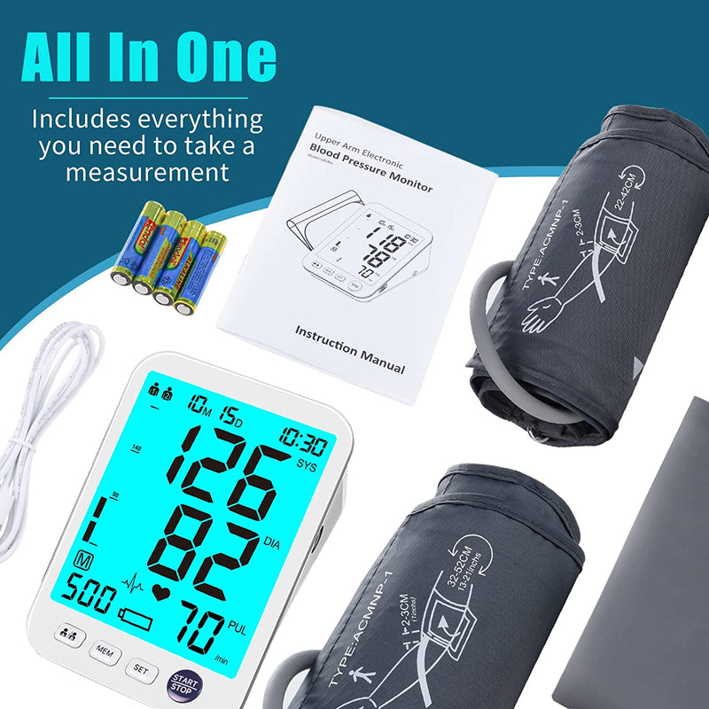 Blood Pressure Monitor-Automatic Blood Pressure Machine XL Cuff for Big Arms 13-21”-Medium/Large Cuff 9"-17"Extra Large Backlit LCD Heart Rate Detection Two User 1000 Mem Blue