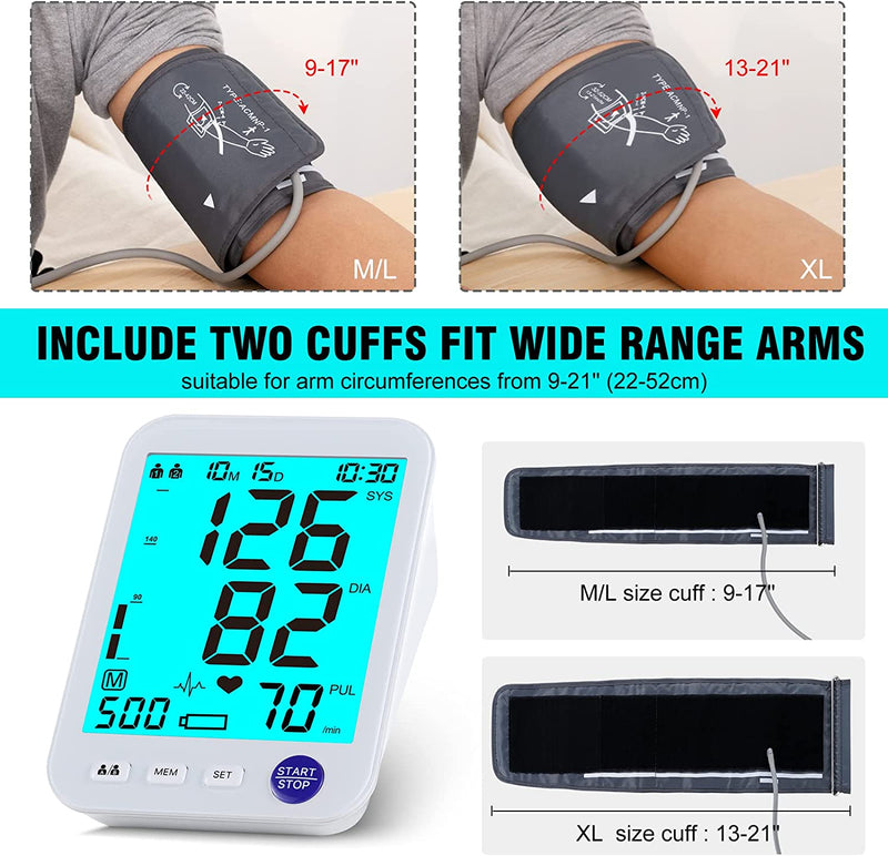 Blood Pressure Monitor-Automatic Blood Pressure Machine XL Cuff for Big Arms 13-21”-Medium/Large Cuff 9"-17"Extra Large Backlit LCD Heart Rate Detection Two User 1000 Mem Blue