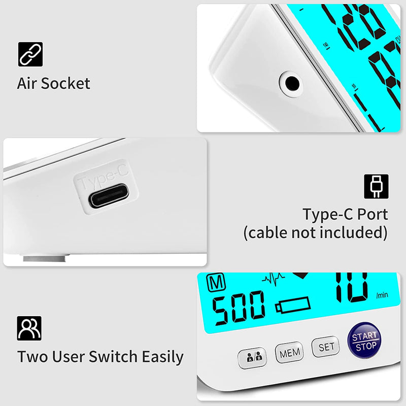 Blood Pressure Monitor Upper Arm Large LED Backlit Screen 1000 Sets Memory Automatic Digital BP Machine Adjustable BP Cuff