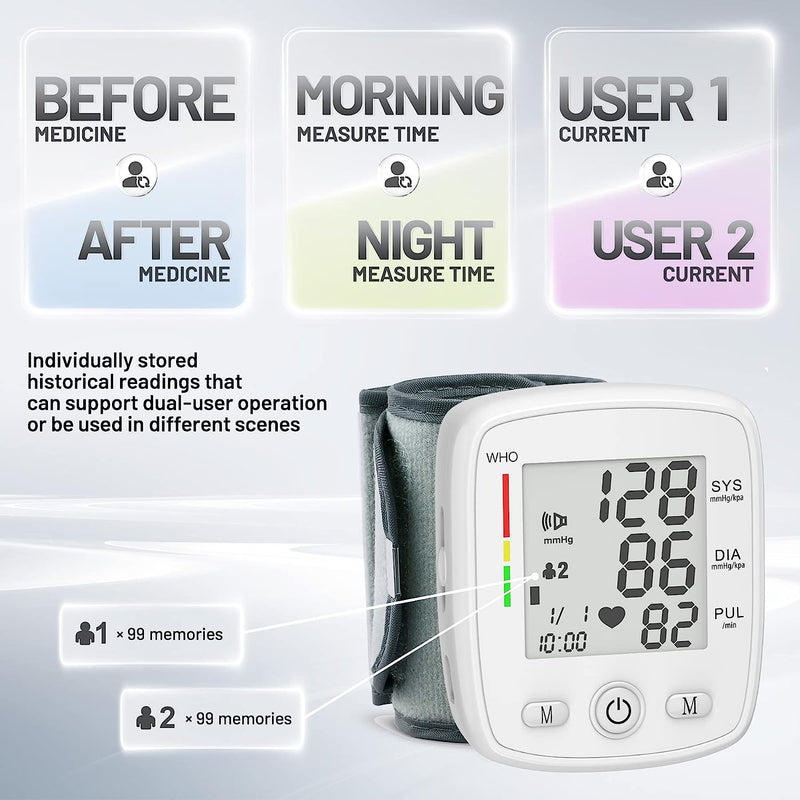 Wrist Blood Pressure Monitors for Home Use Digital Blood Pressure Machine with Voice Adjustable 5.3-7.7" Cuff Dual Users Mode x99 Memory Accurate BP Monitor with Carrying Case, White